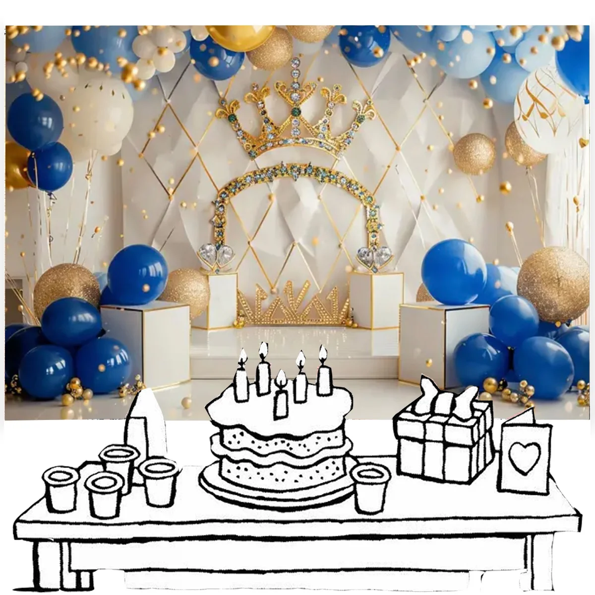 King Crown Royal Blue and Golden 1st Birthday Backdrops Classic Style Cake Smash Photography Backgrounds for Prince Baby Shower