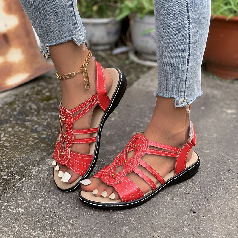 Large Size 43 Women New Flat Casual Open Toe Beach Sandals 2024 Women\'s Low Heel Shoes Wedges Woman Summer Footwear Red