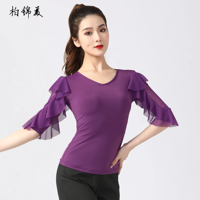 Latin dance shirt female adult new modern dance performance costume competition national standard V-neck lotus sleeve competitio