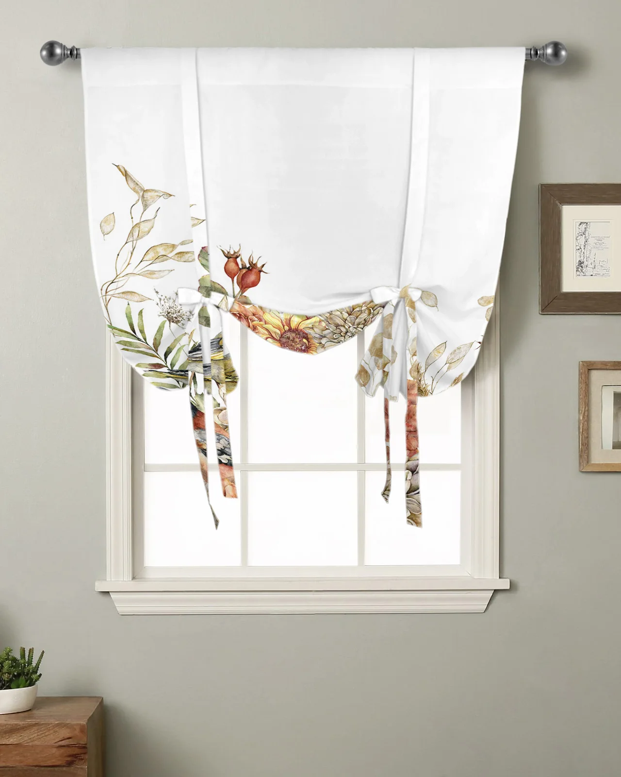 

Eucalyptus Leaves Dahlia Rose Robin Kitchen Short Window Curtain Modern Home Decor Small Window Roman Tie Up Curtains