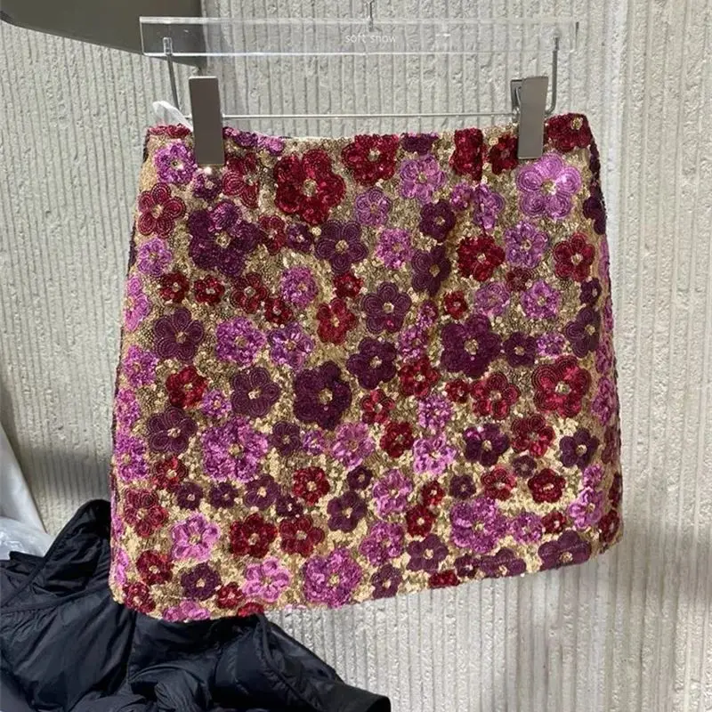 

Новая летняя винтажная женская тонкая темпераментная сумка Y2k, мини-юбка для вечеринки на бедрах, K090, элегантная красочная юбка с цветочными пайетками, женская мода