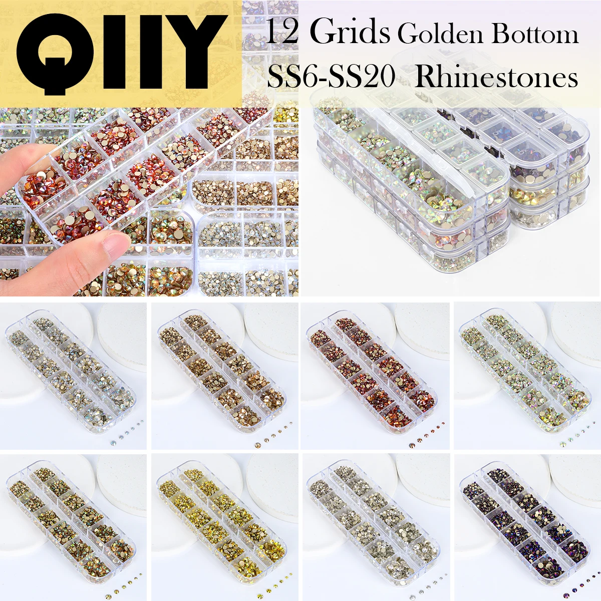 QIIY 12Grids SS6-SS20 Mix Size Glass Rhinestones Golden Bottom Glitter AB Color Strass For Garment Clothes DIY Nail Decoration