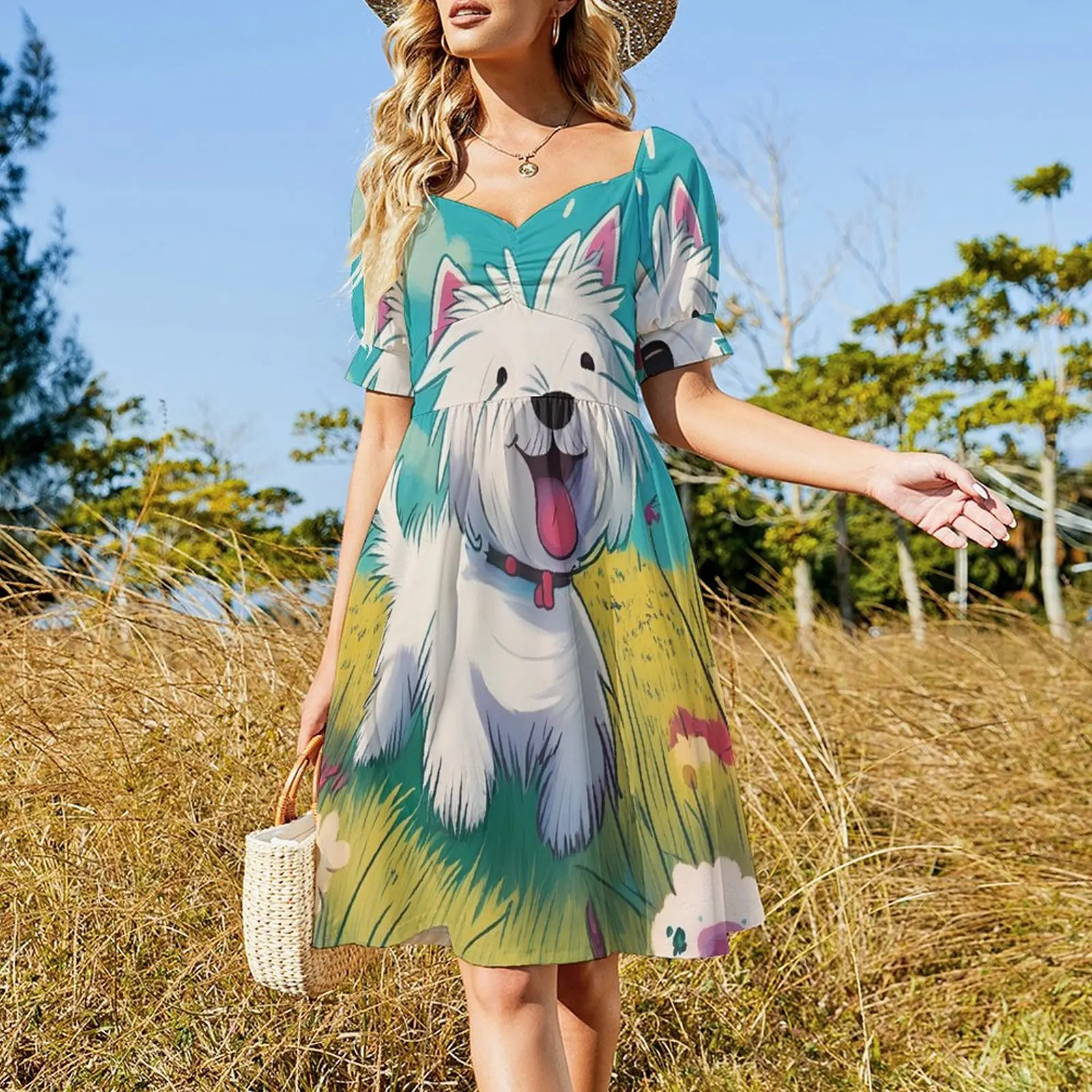 A happy cartoon westie prancing through the flowers Short-Sleeved Dress elegant dress Dress vintage Women's summer suit