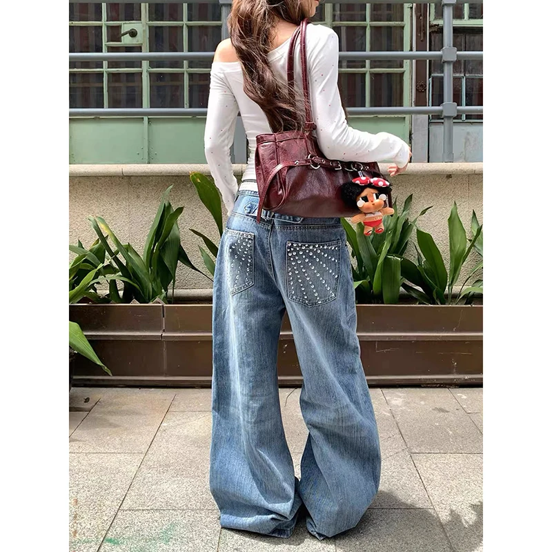 YIBASHU Women's Blue Gothic Y2k Gyaru Rivet Baggy Jeans Oversize Denim Trousers Vintage Harajuku American Wide Leg Jeans Pants