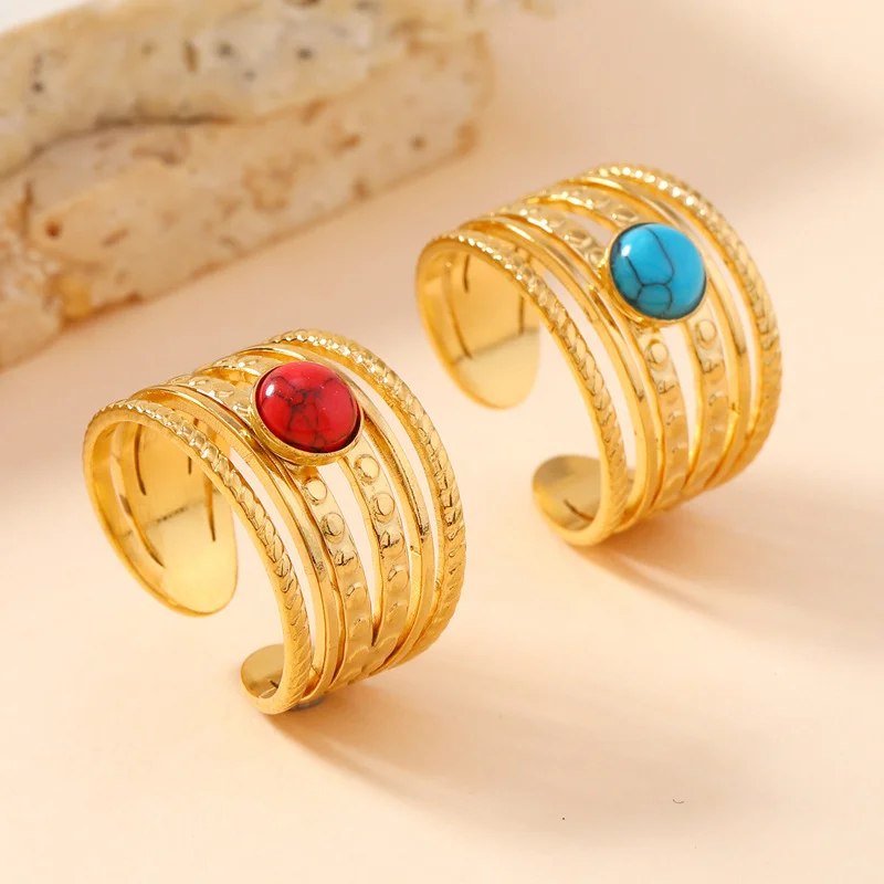Red Green Stone Stainless Steel Fashion Waterproof Women Many Layer Adjustable Finger Ring Boho Trend Jewelry Accessories Gift