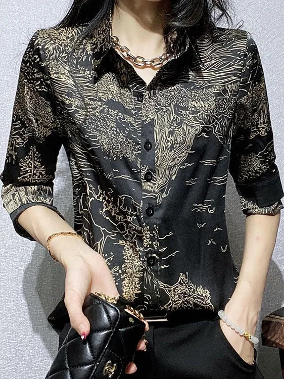 

Long Sve Women's irt Spring New Sle Slim Fit Korean Version Print High Gloss Satin Top Ele irt Dr Zhuo Brand