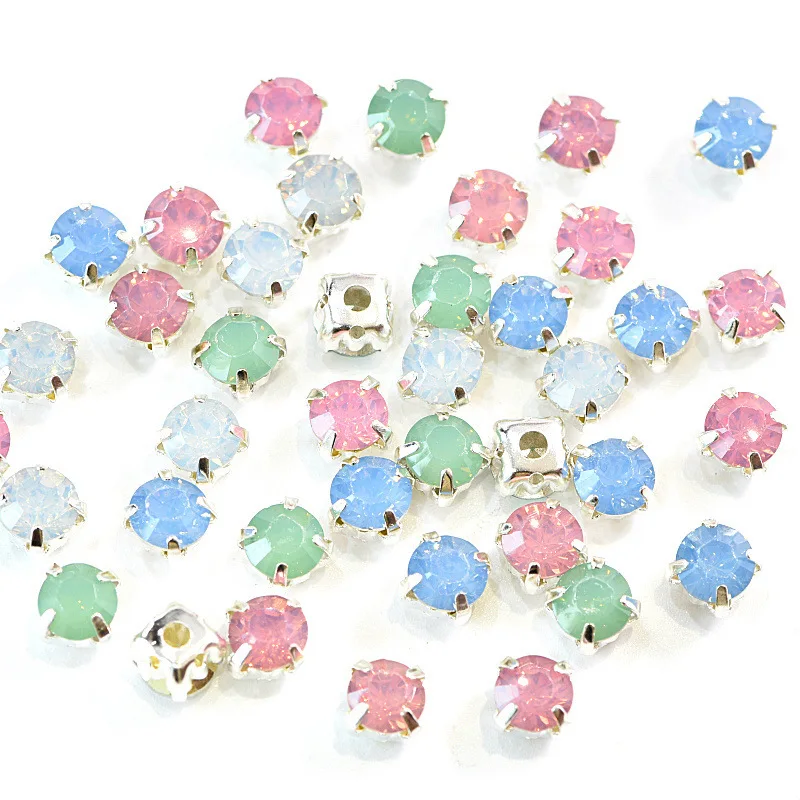 100pcs Gold/Silver Claw Cup Opal Resin Flatback Round Stones Sew on Rhinestones for DIY Wedding Clothes Needlework Gems Sewing