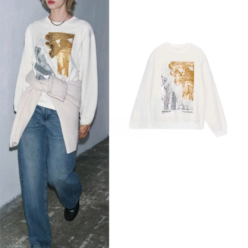 

Осенне-зимняя новинка: женский свитшот в минималистичном стиле с длинным рукавом, круглым вырезом, принтом и многослойной текстурой, уличный стиль