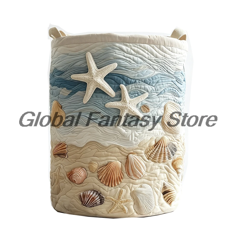 Ocean Beach Starfish Shell Pattern Quilted Laundry Basket Clothes Foldable Storage Bin Home Organizer with Handles
