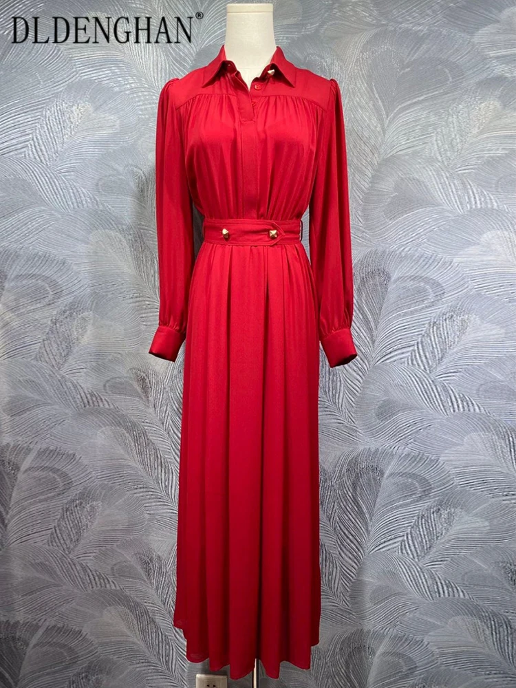 

DLDENGHAN Red Office Lady Long Dresses For Women Turn-down Collar Long Sleeve Sashes Dresses Fashion Spring New