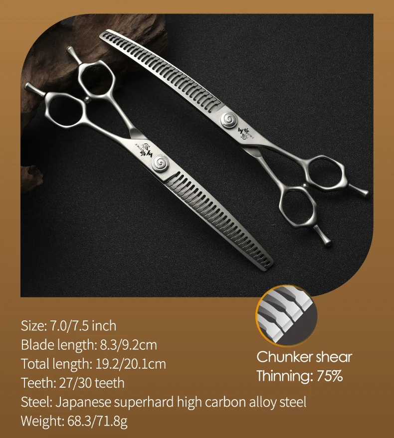 Fenice Hochwertige 7,0/7,5 Zoll professionelle Hundepflegeschere, gebogene Chunker-Effilierschere zum Schneiden von Hundegesicht und Körper – Detail 4