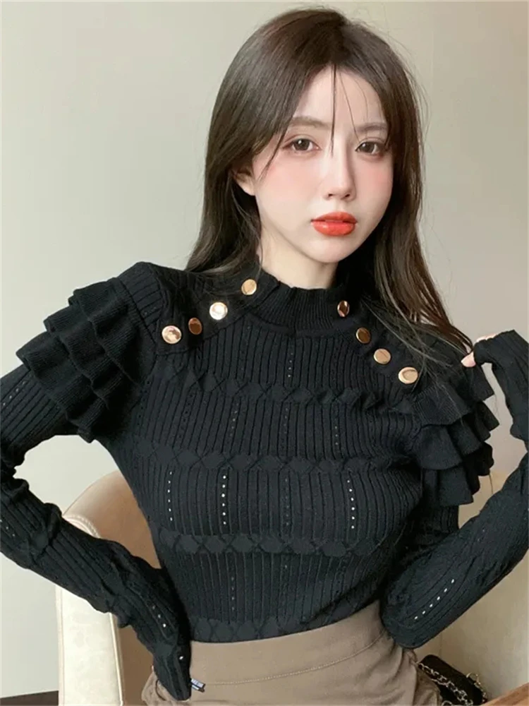 Half Turtleneck Ruffle Knitted Tops Slim Thick Knitwear Pullover Korean Design Jumper Fall Winter Button Elegant Women Sweater