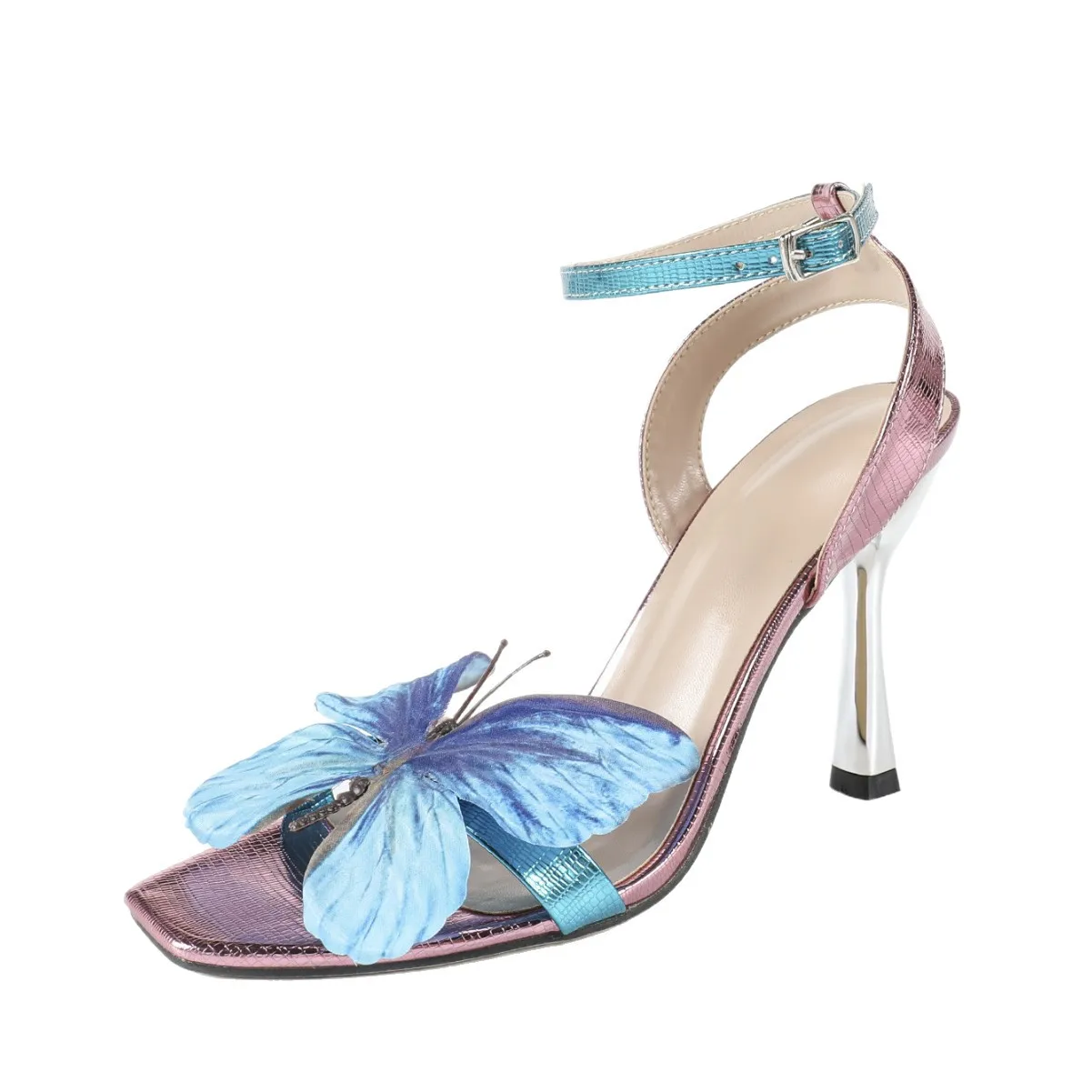 Women's Sandals Heels Metallic Pink Blue Leather Heeled Sandals Ladies Square Toe High Heel Shoes Evening Party Butterfly Heels