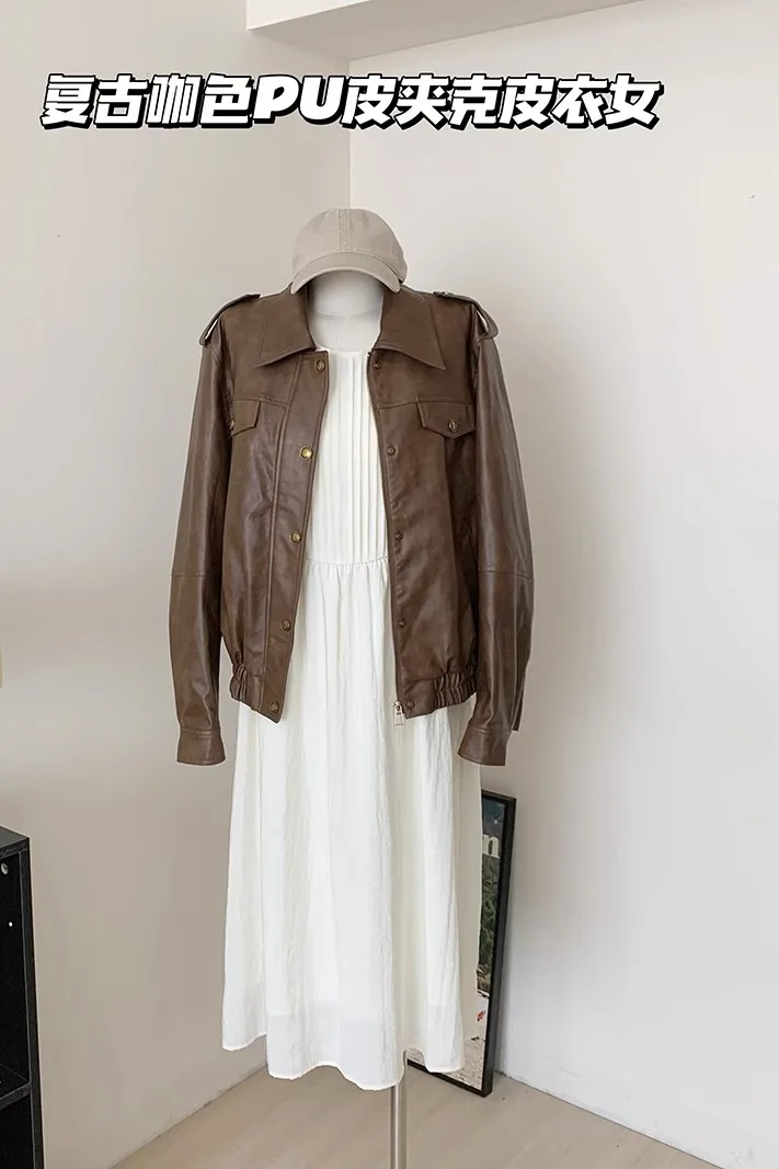 Manteau en cuir à fermeture éclair pour femme, style Y2K, rue vintage américaine, revers pour femme, mode rétro, rue haute