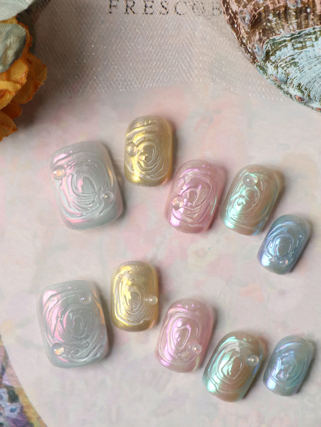 10 Stück Acryl-Aufklebnägel Rosa Regenbogen Kreis Aurora Künstliche Nägel Inklusive 1 Blatt Klebestreifen & 1 Stück Mini-Feile
