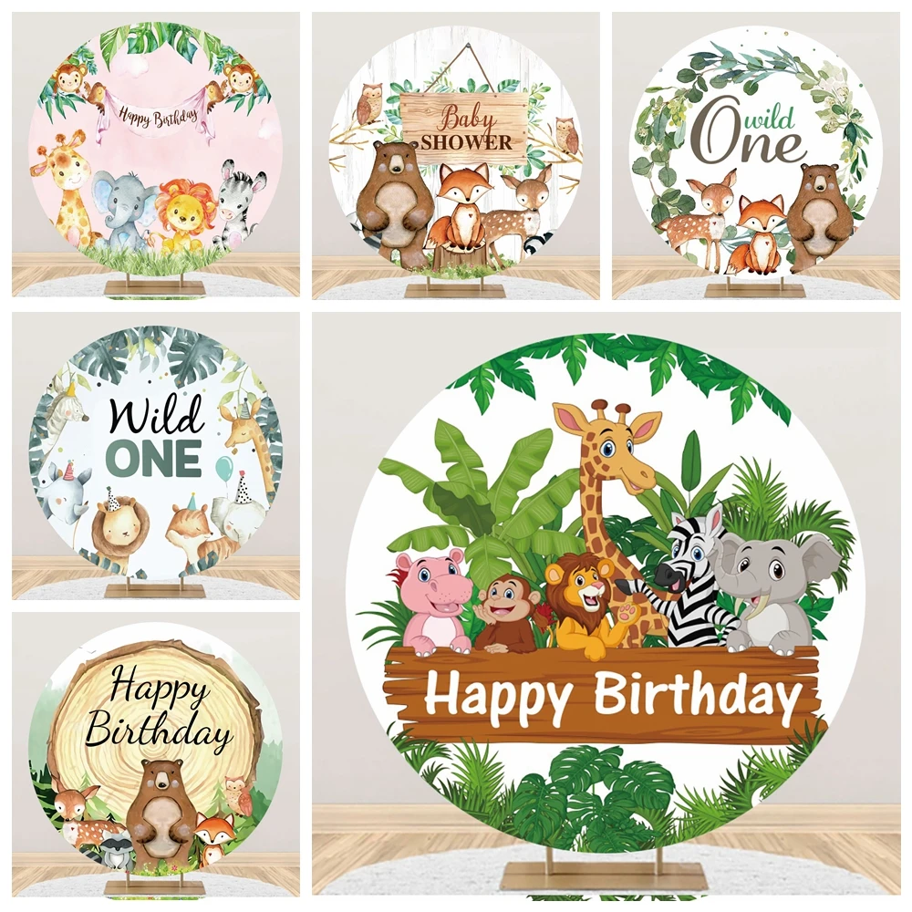 

Safari Wild One Round Backdrop for Cover Jungle Animals Baby Shower Birthday 1st Party Circle Photography Background Decor Props