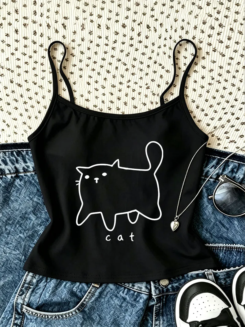 Gothic 2000s Tops Cartoon Cat Print Graphic Camisole Top Grunge Crop Top Vintage Women Tank Tops Tees Y2k Tops Girls