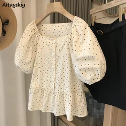 Shirts Women Princess Classic Dot Sweet Summer Puff Sleeve Preppy Style Vintage Ruffles Designed Square Collar Fashion Tops OOTD