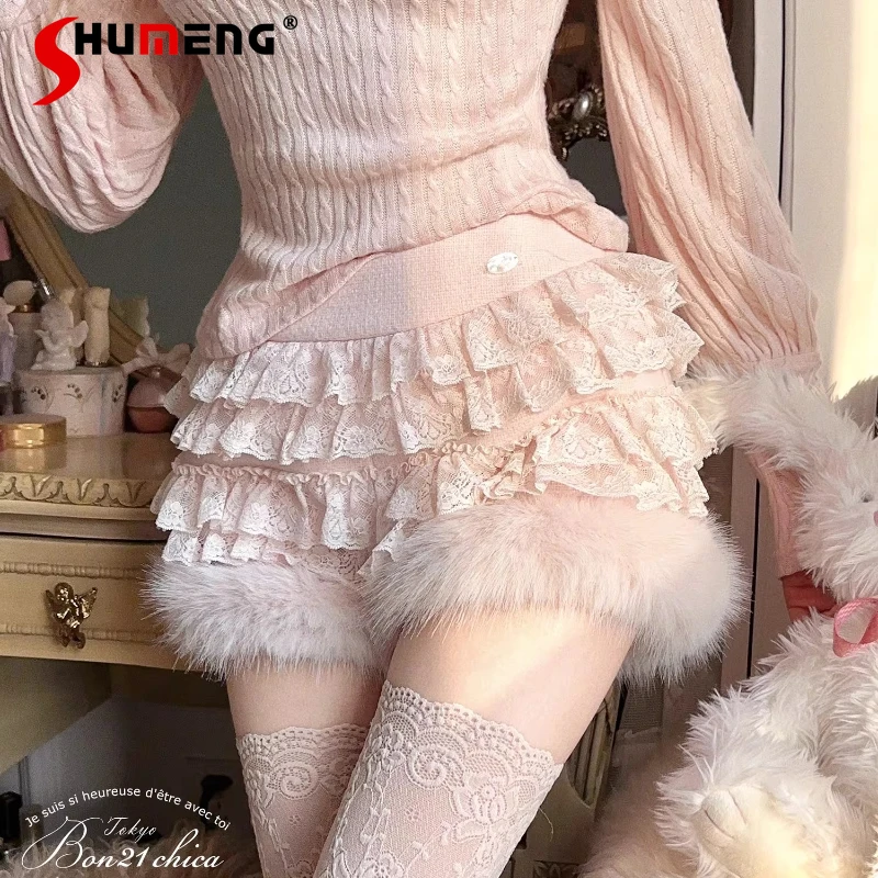 

2026 Spring New Japanese Style Lace Velvet Warm 50% Wool Fleece Shorts Y2k Clothes High-waisted Short Pants 2 Colors Can Choose