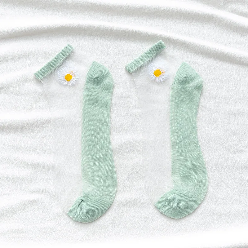 10 Paar Frauen weiße Gänseblümchen Blume kurze Socken Set Mode Sommer dünne atmungsaktive Bonbon farbe transparente Kristall Seide Söckchen – Detail 15