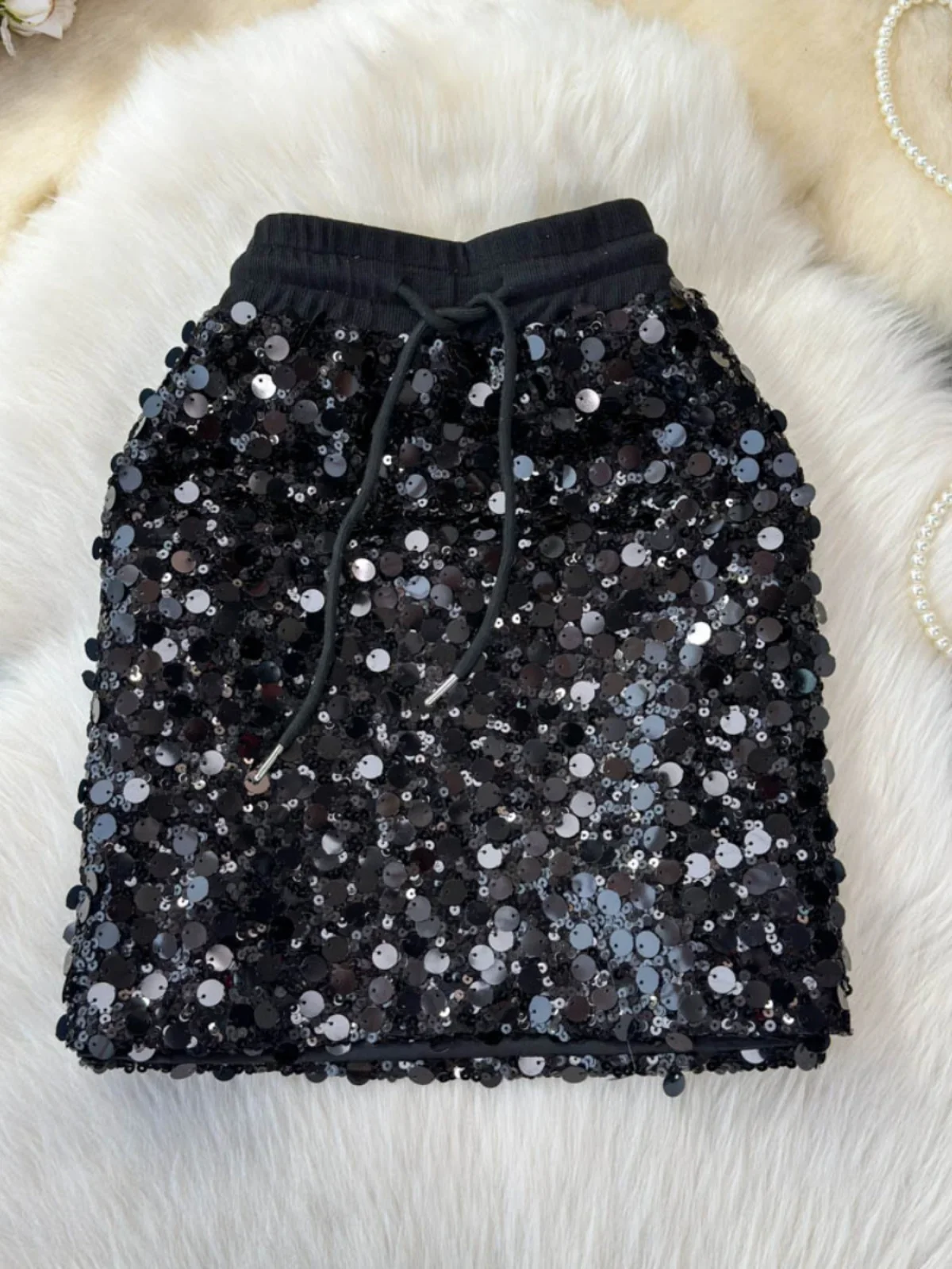 Foamlina Women's New Ins Fashion Night Club Sparkly Skirt Women's Sparkling Party High Waist Mini Sequins Skirt Black Sliver