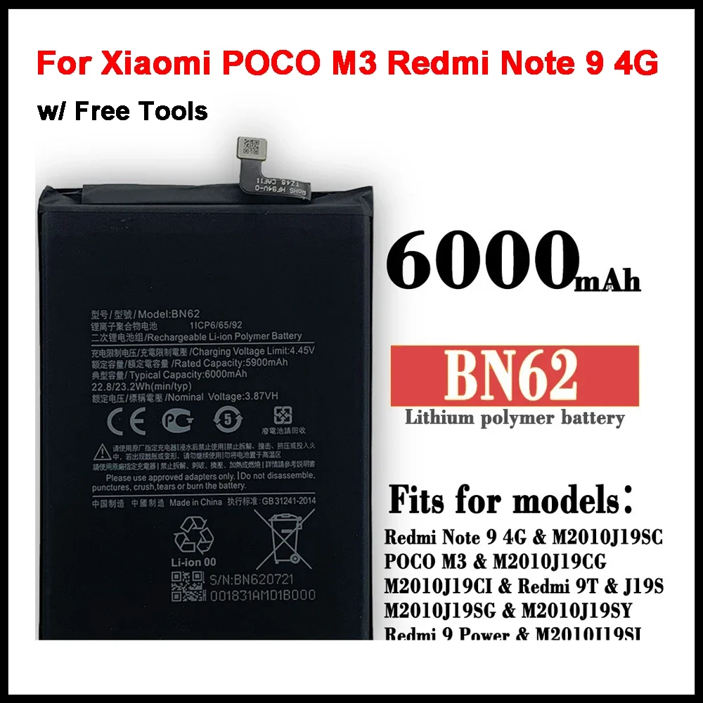 

BN62 6000 мАч аккумулятор для телефона Xiaomi POCO M3 Redmi Note 9 4G 9T Сменные аккумуляторы Bateria + инструменты