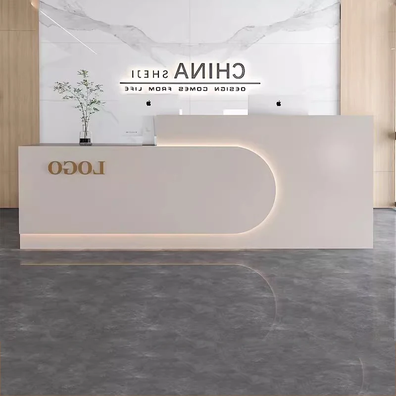 Braune Luxus-Empfangsschreibtische mit Stauraum, günstiges Design, moderne weiße Empfangsschreibtische, Schublade, klassische Empfangs, Tresen-Büromöbel