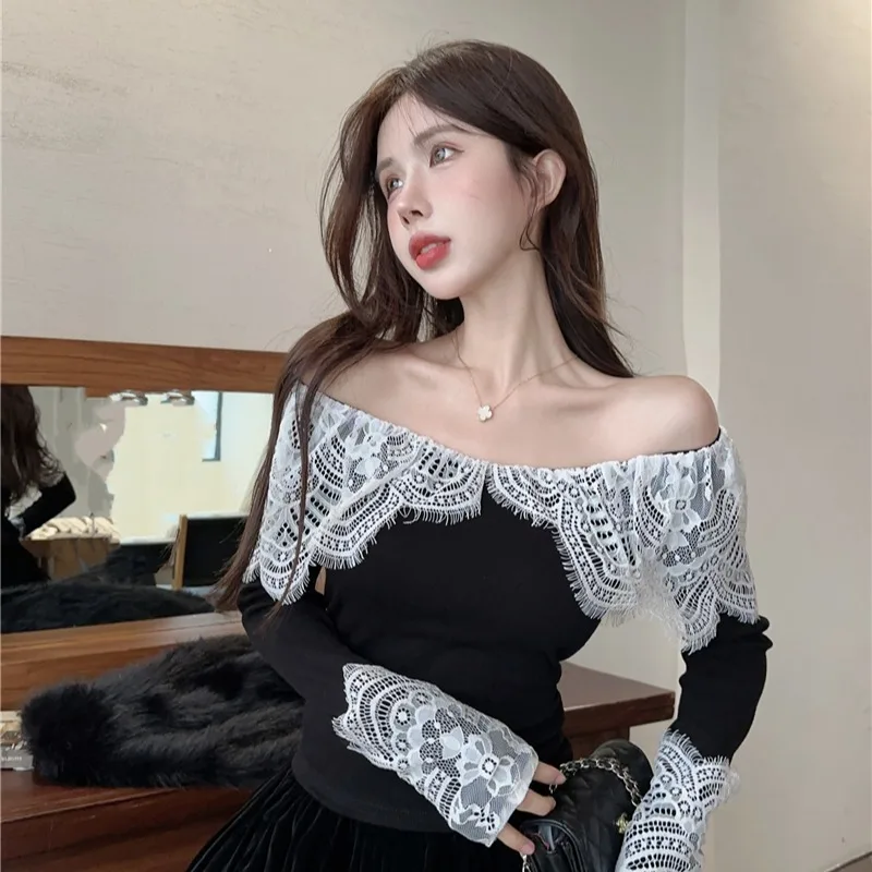 T-Shirts Women Lace Spliced Slash Neck Patchwork Slim Fit All-match Streetwear Casual Korean Fashion Spring Ladies Tops Chic