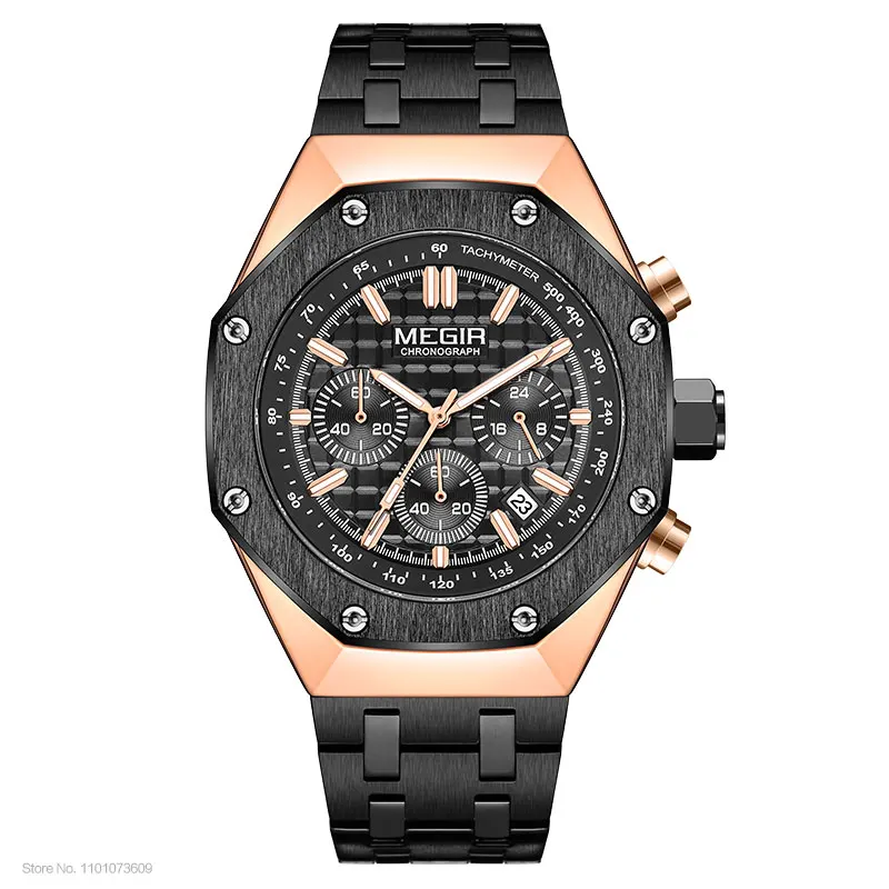 

Fashion Megir Blue Leather & Steel Quartz Watches Men Waterproof Chronograph Luminous Sport Wristwatches With Auto Date 24-hour