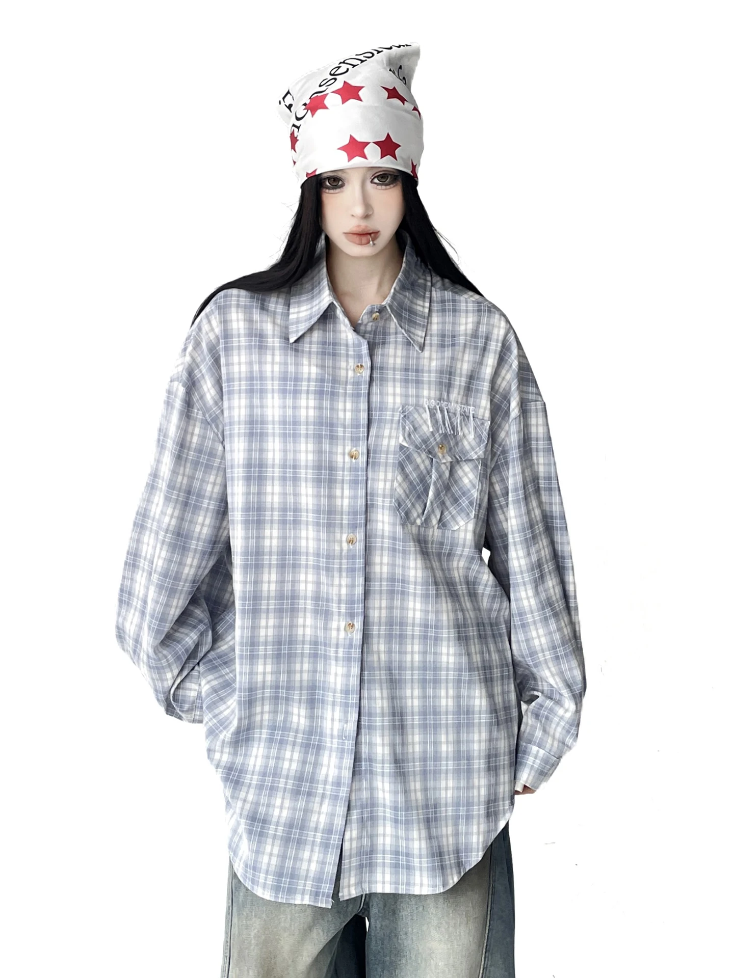 Azul xadrez solto longo sve feminino irt 2026 novo sle preguiçoso sle aberto cardigan outerwear na moda algodão poliéster mistura