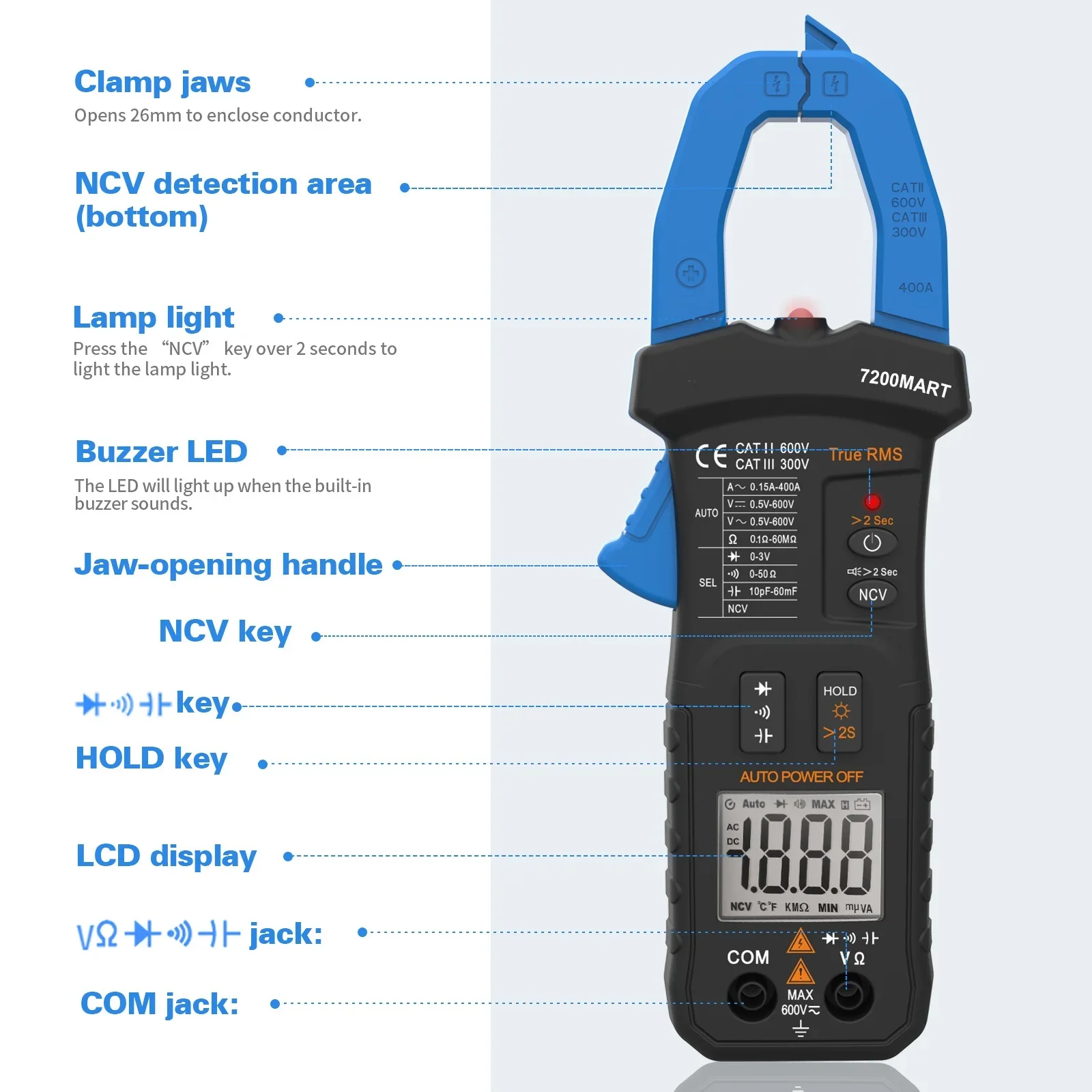 Holdpeak Clamp Meter HP-7200smart AC Amp Clamp Current Meter TRMS 6000 Counts Auto-Ranging