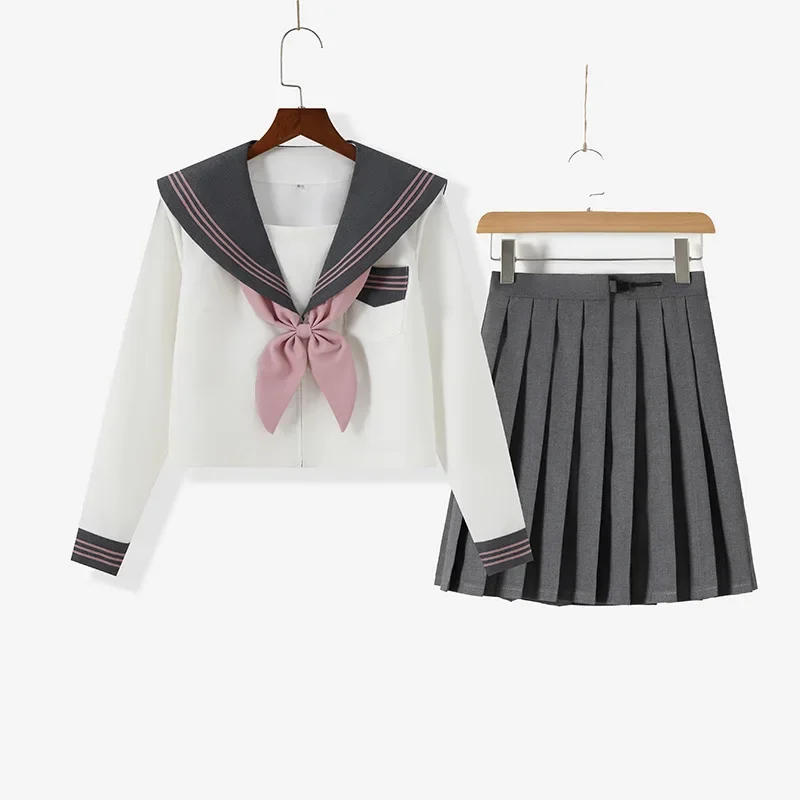 Japanese Embroidery New Gray Three-book JK Uniform Sailor Uniform College Style  Long-sleeved College Style Pleated Skirt Suit