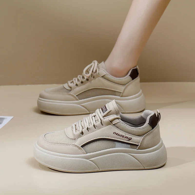 صيف جديد! النسخة الكورية من الأحذية الشبكية المجوفة القابلة للتنفس - لوح كاجوال رياضي سميك ونماط أحذية بيضاء صغيرة