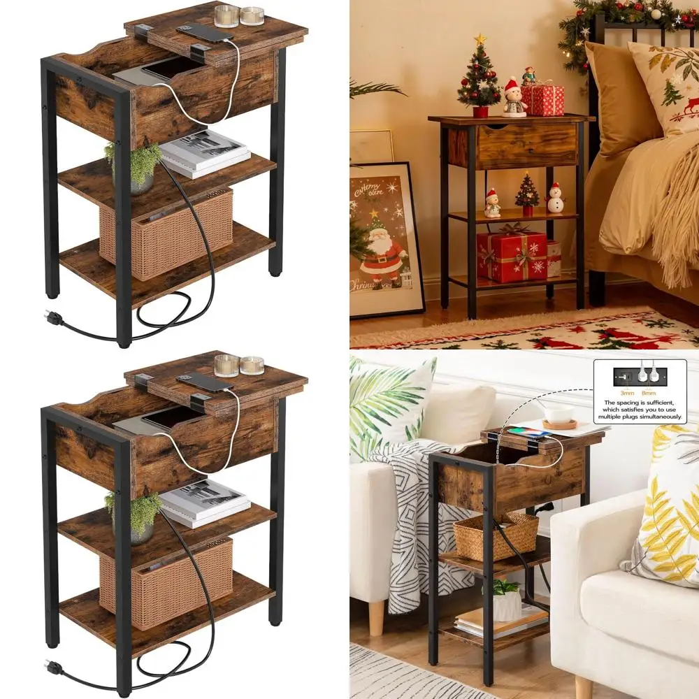 

Прикроватная тумбочка в деревенском стиле, коричневая, с откидной крышкой и USB-портами, для небольших помещений