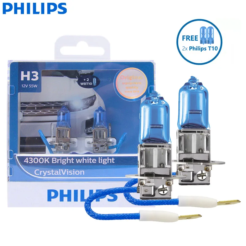 

Philips H3 Crystal Vision Автомобильная галогенная противотуманная фара 12 В 55 Вт PK22s 4300 К Белая фара с 2 синими оригинальными лампами T10 12336CVSM
