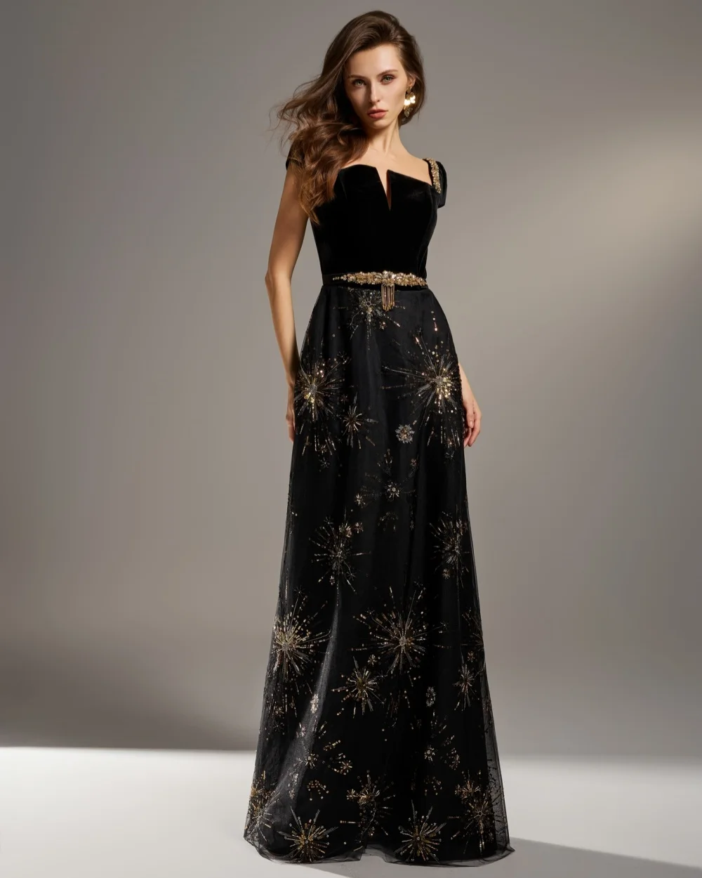 

Customized High Quality Women Jersey Sequined Ruched A-line Evening Dresses Elegant Square Neck Short Sleeves Floor Lenght Dress