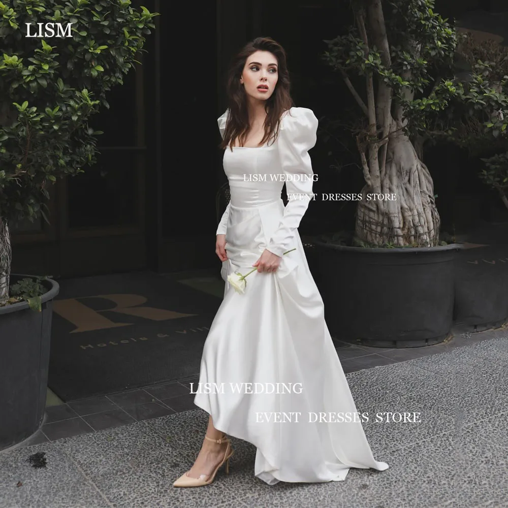 

LISM Elegant Satin Wedding Dress Square Collar Long Sleeves Pleated A-Line Vestidos De Novia Bridal Gowns Simple For Women 2025