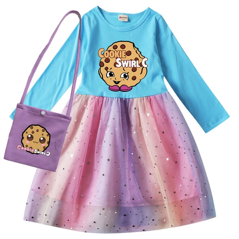 Cookie Swirl C Dress Kids Lace Princess Vestidos Baby Girls Long Sleeve Dress Children Birthday Wedding Party Dresses with bag