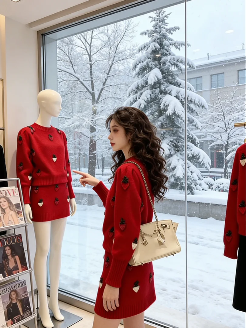 

Chic Korean Sle Winter Faion Set Loose Ele ort Sve Long Pants High Waist round Ne Print Pattern Adult Casual Wear