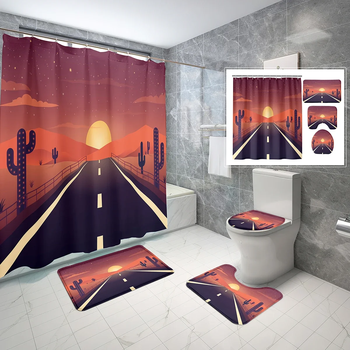 Cartoon Traffic Shower Curtain Sets 4 Pcs Kids Highway Road and Fence Non-slip Bath Mat Toilet Lid Waterproof Shower Curtain Set