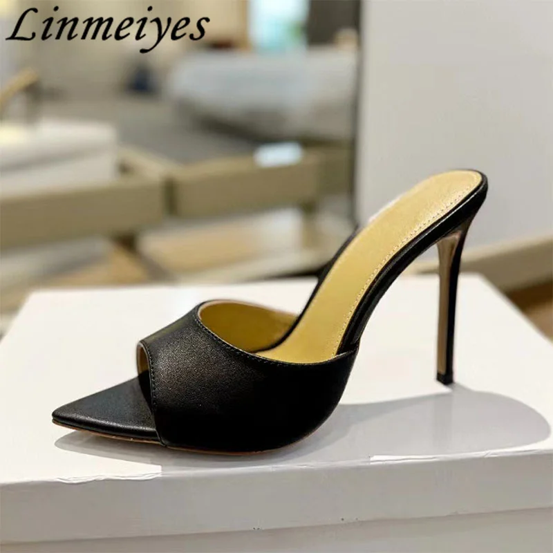 Hot Sales High Heels Slippers Women Pointed Peep Toe Slides Genuine Leather Summer Shoes Women Stiletto Runway Sandals Woman