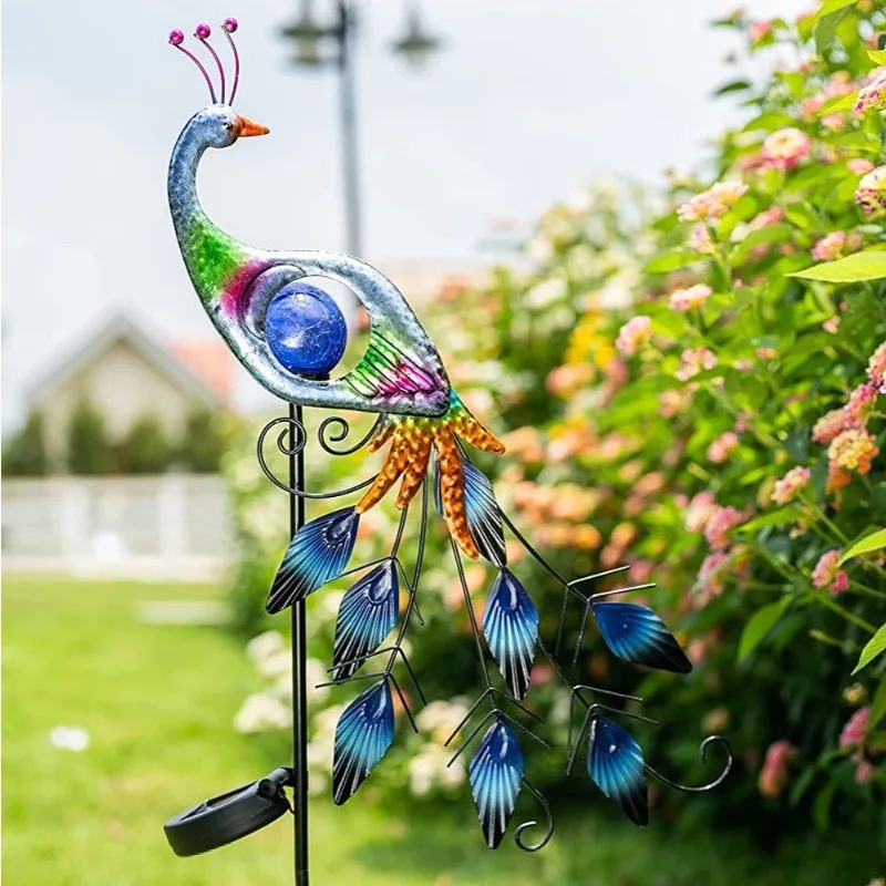 Solar Peacock Garden Stake Light Waterproof Metal LED Crackle Glass Ball Outdoor Pathway Light for Yard Patio Lawn Decoration