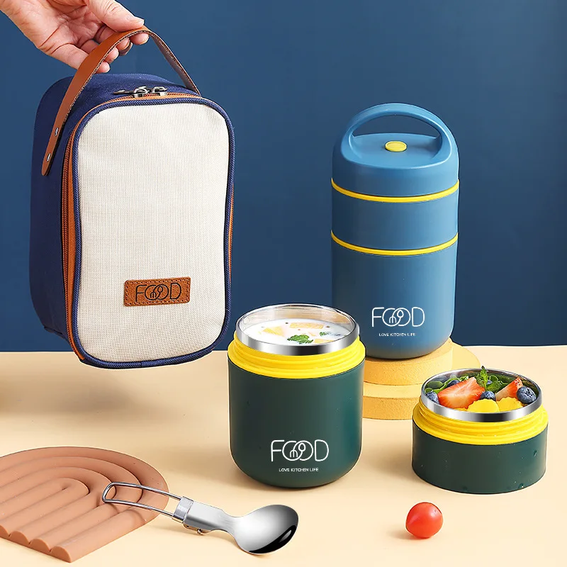 

Double Layers Stainless Steel Insulated Lunch Box with Bag Portable Thermos Food Container for Work School Outdoor Thermal Cup