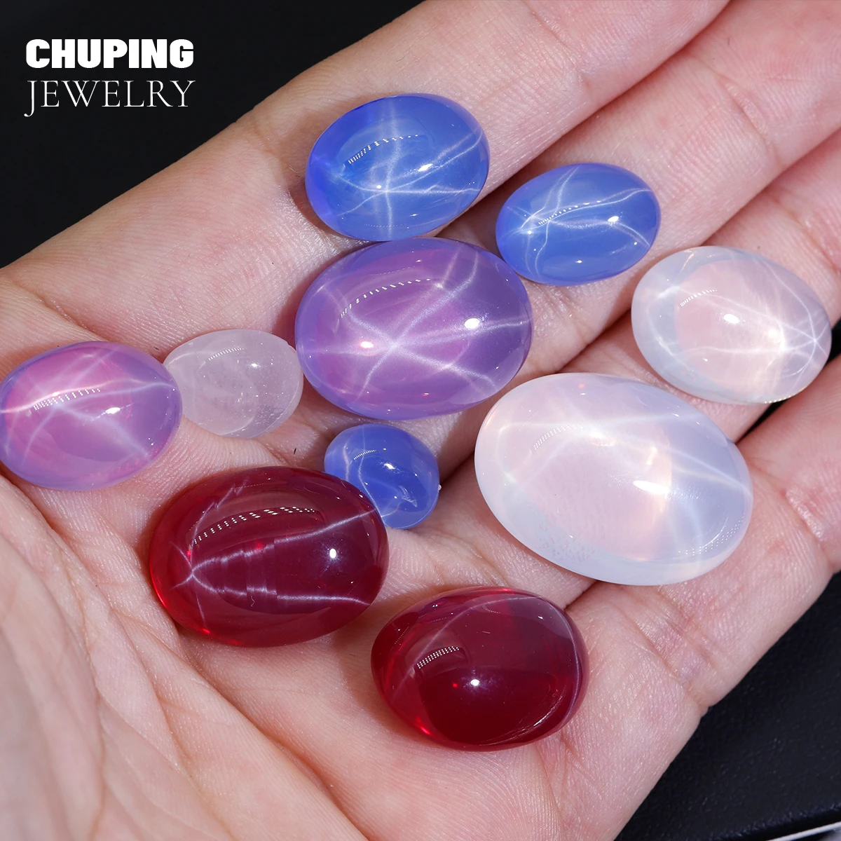 ChuPing Oval Shape Lab Grown Pink Sapphire Flat Bottom Cabochon Six Ray Star Cultivate Sapphire For Jewelry Making Loose Store