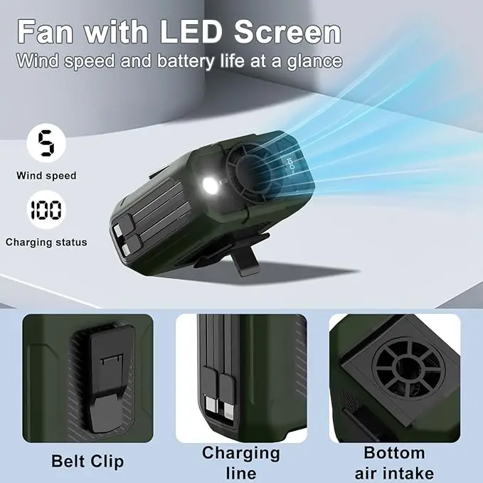 2025 مروحة ذكية محمولة قابلة لإعادة الشحن مع ضوء LED، وقت تشغيل 35 ساعة، 5 سرعات 16000 دورة في الدقيقة مروحة خصر شخصية للتبريد التوربيني، Weara