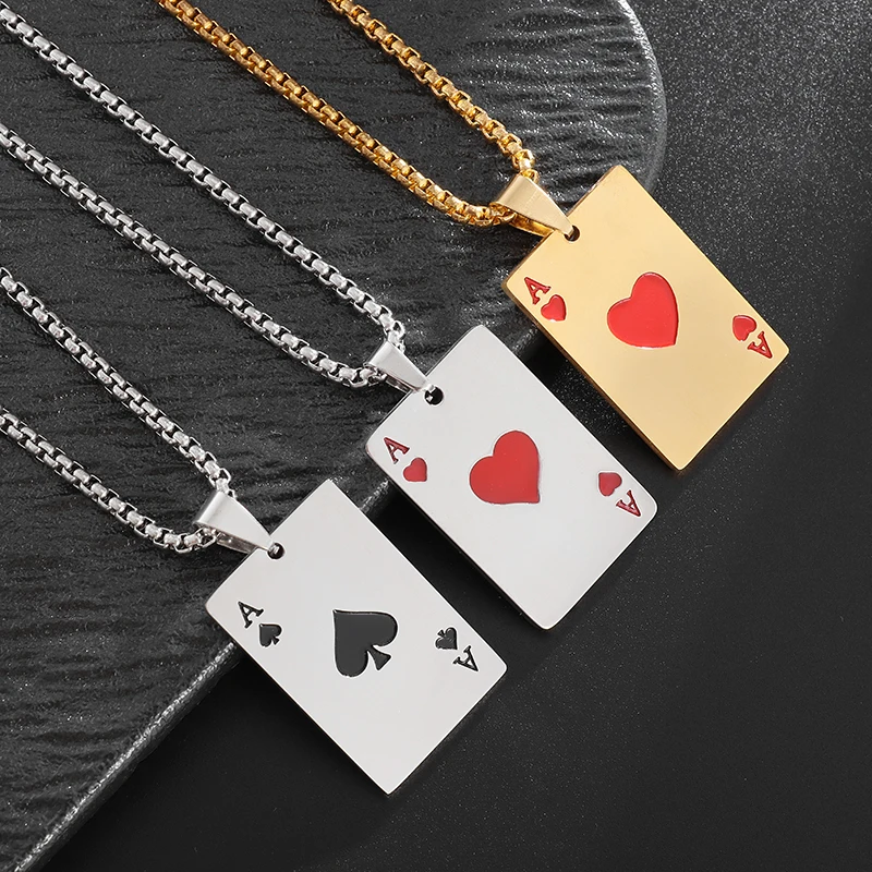 Stainless Steel Ace of Spades and Hearts Playing Card Pendant Necklace Women Men Punk Lucky Jewelry Accessory
