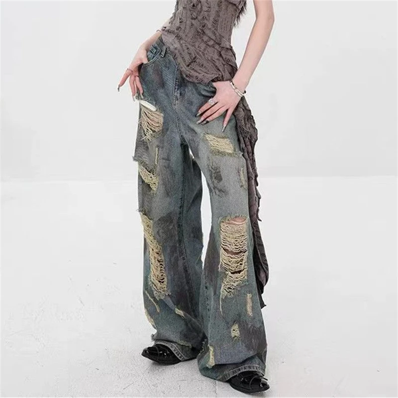 

Women's Wear Through Dirty Blue Distressed Jeans Summer Girl Wide-leg Denim Trousers Vintage Bottoms Female High Waisted Pants