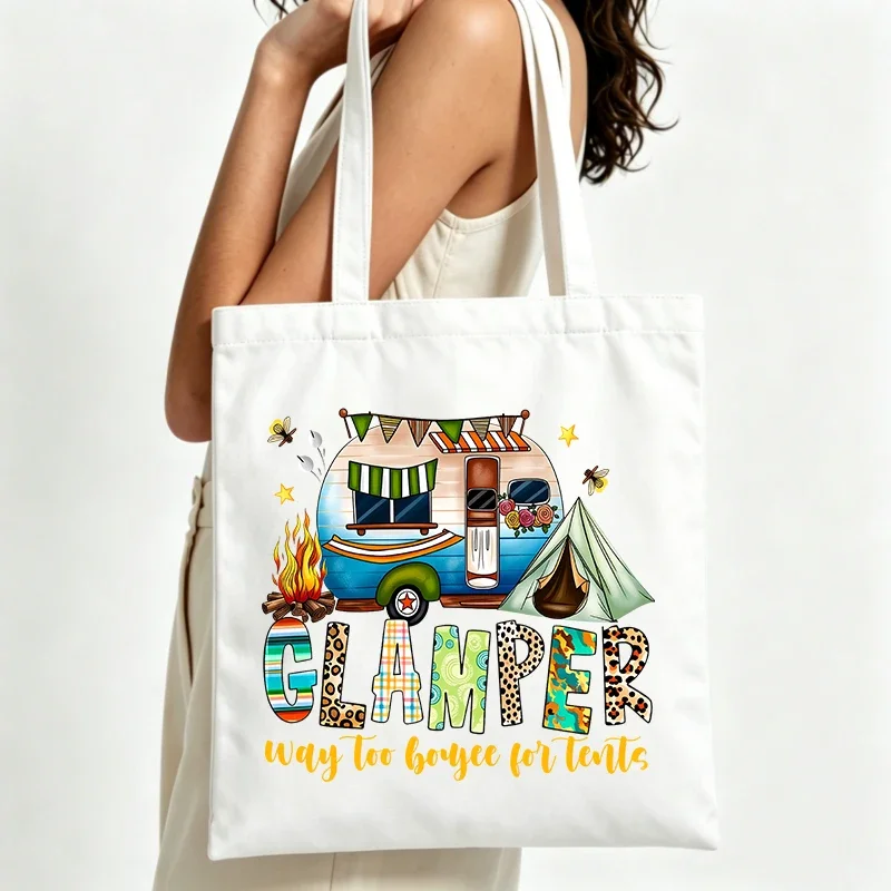 camping trailer and tent graphic canvas tote bag with retro typography print, perfect for outdoor weekend trips and casual