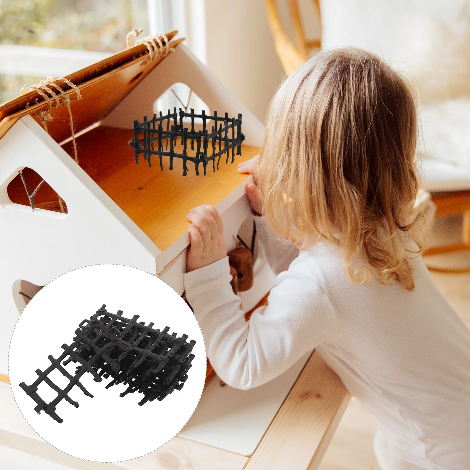 ชุดของเล่นสร้างรั้วสำหรับเด็ก 100 ชิ้น รั้วสีดำสำหรับฉากฟาร์มในกระบะทราย เข้ากันได้กับบ้านตุ๊กตา