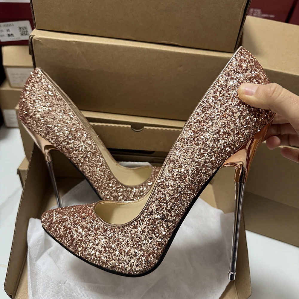 

Сексуальные туфли-лодочки на очень металлическом высоком каблуке 16 см, золотисто-черные туфли-лодочки на шпильке, фетиш-подиум, косплей, комод через плечо, мужская обувь унисекс для танцев на пилоне